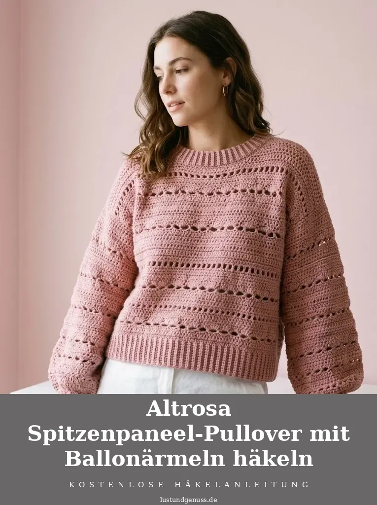 Altrosa Spitzenpaneel-Pullover mit Ballonärmeln häkeln