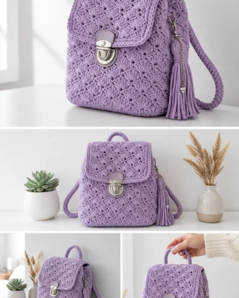 Lavendel-Mini-Rucksack im Starburst-Muster häkeln