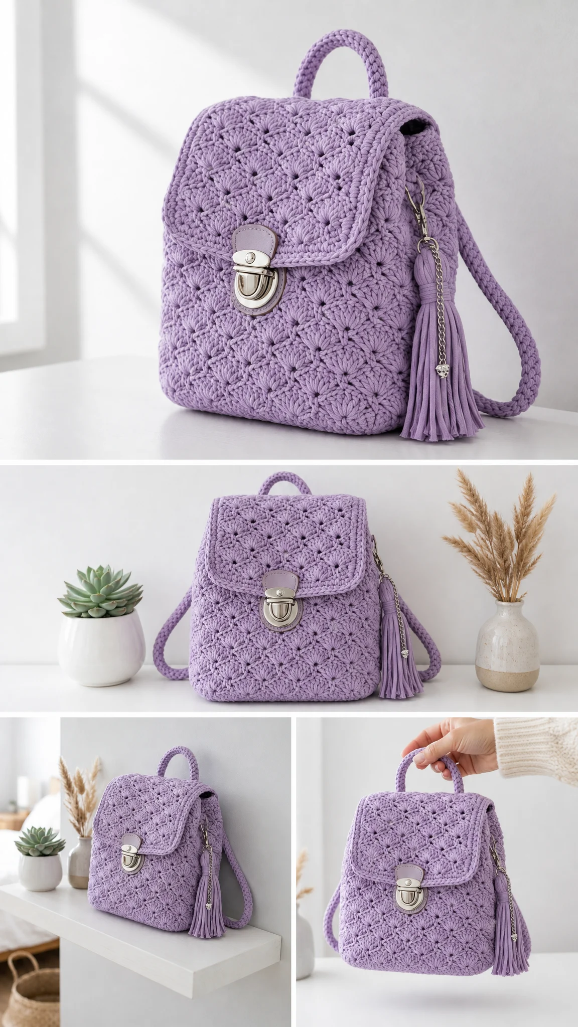 Lavendel-Mini-Rucksack im Starburst-Muster häkeln