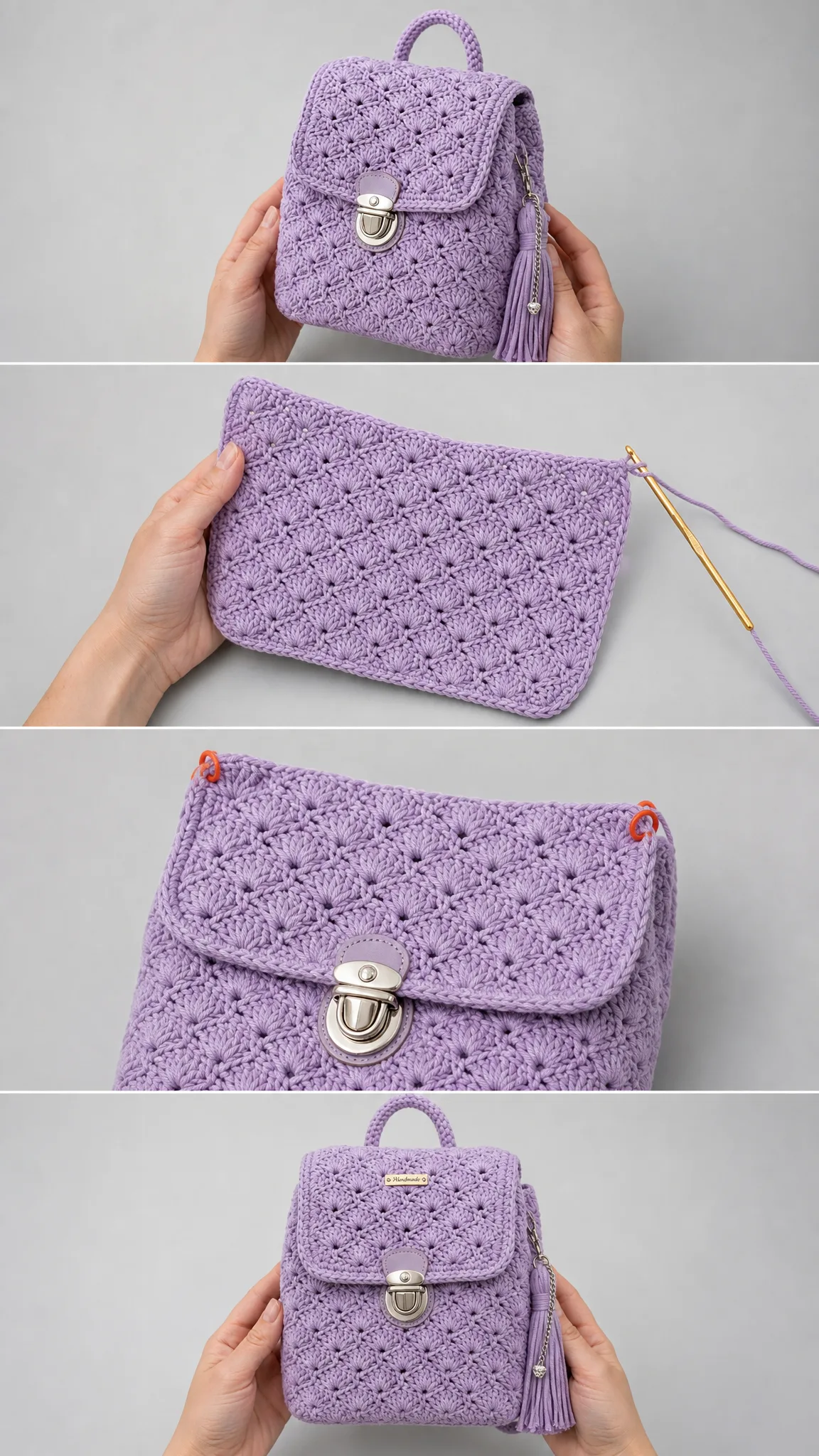 Lavendel-Mini-Rucksack im Starburst-Muster häkeln