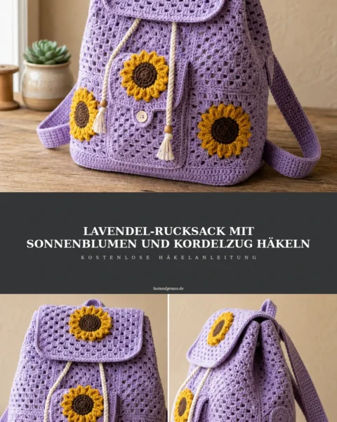Lavendel-Rucksack mit Sonnenblumen und Kordelzug häkeln