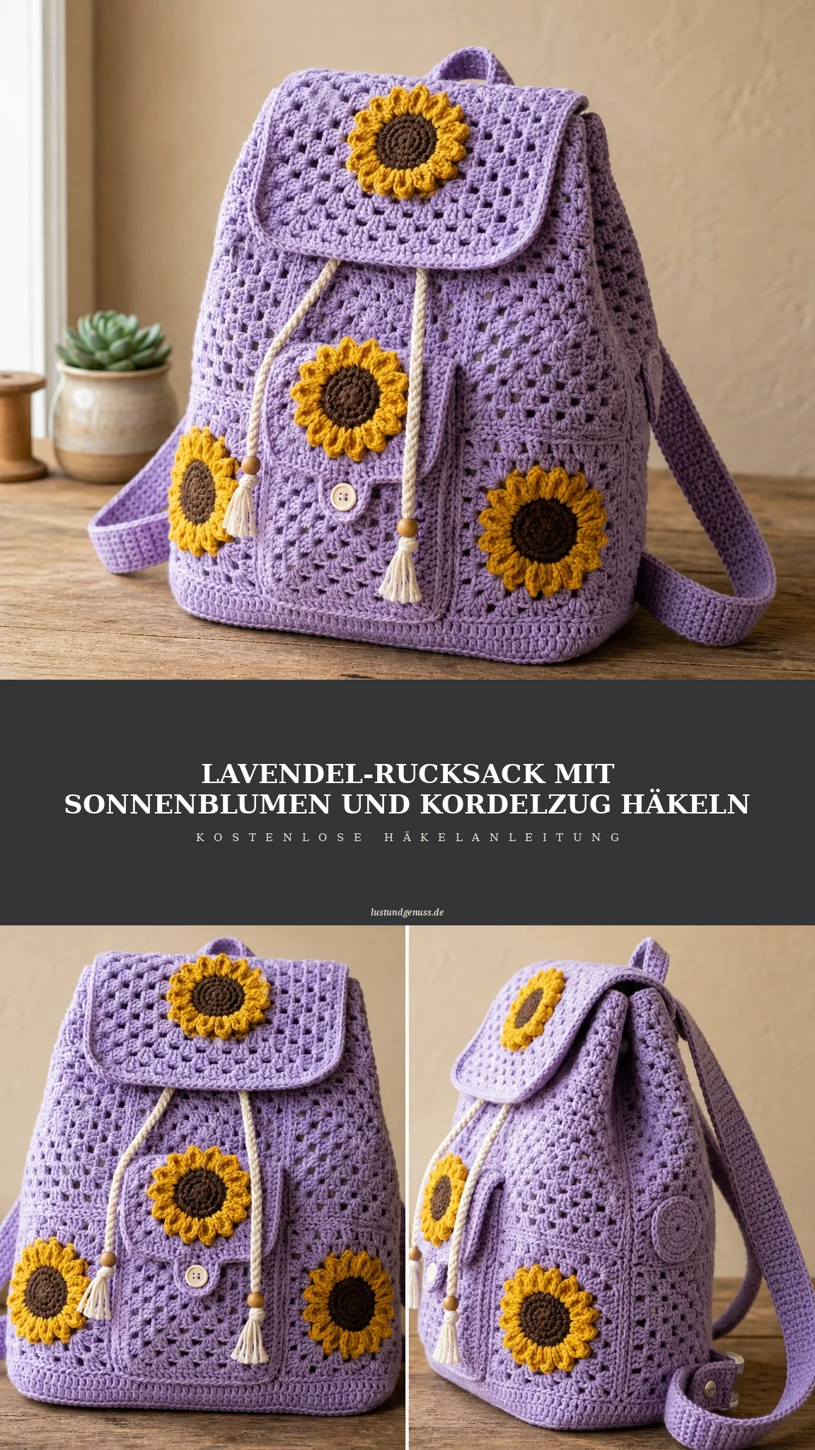 Lavendel-Rucksack mit Sonnenblumen und Kordelzug häkeln