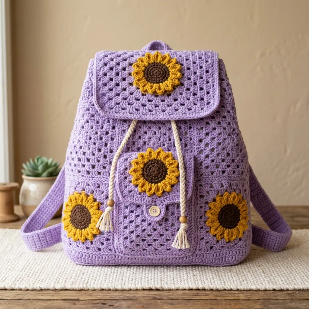 Lavendel-Rucksack mit Sonnenblumen und Kordelzug häkeln