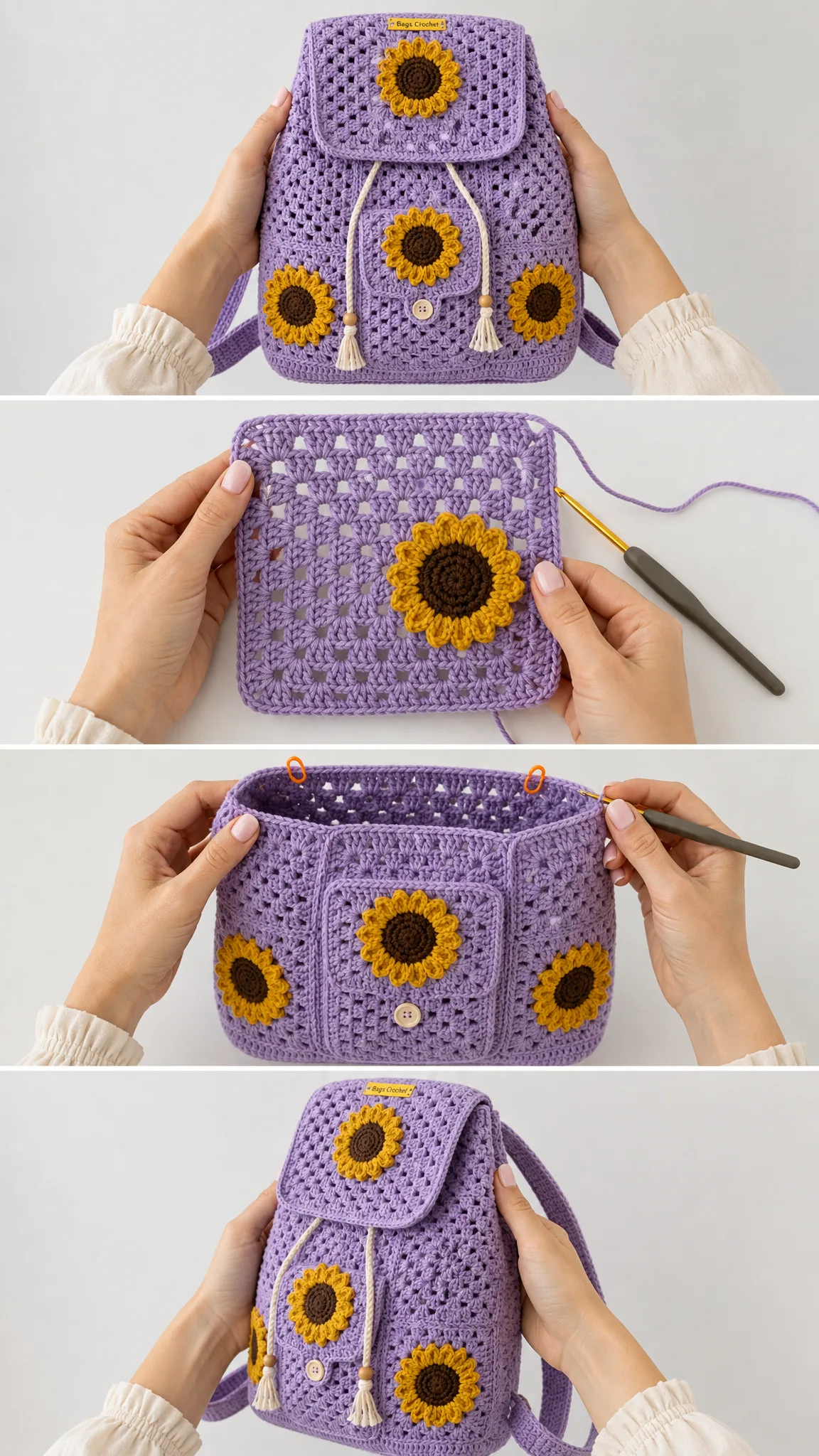 Lavendel-Rucksack mit Sonnenblumen und Kordelzug häkeln
