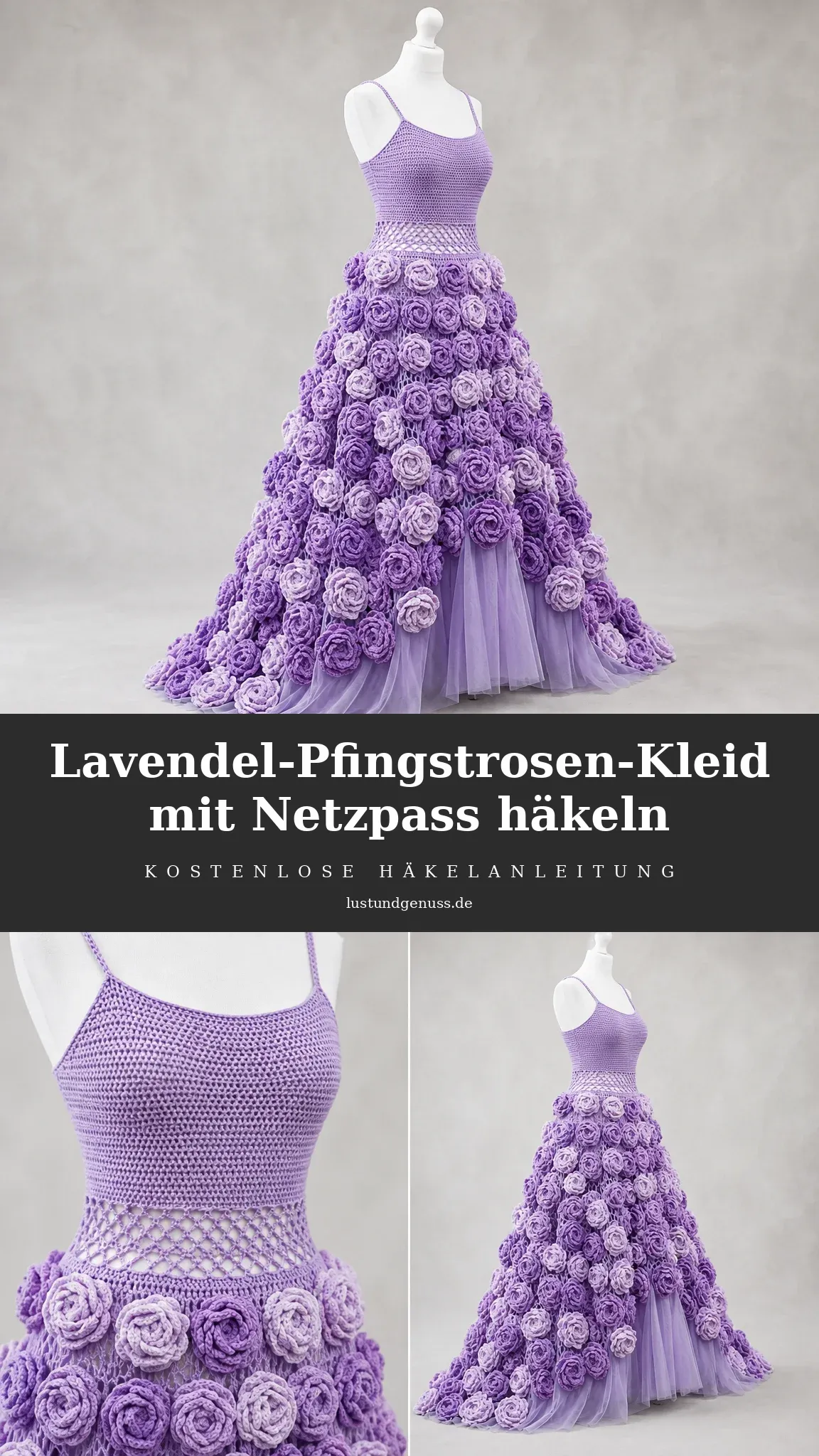 Lavendel-Pfingstrosen-Kleid mit Netzpass häkeln