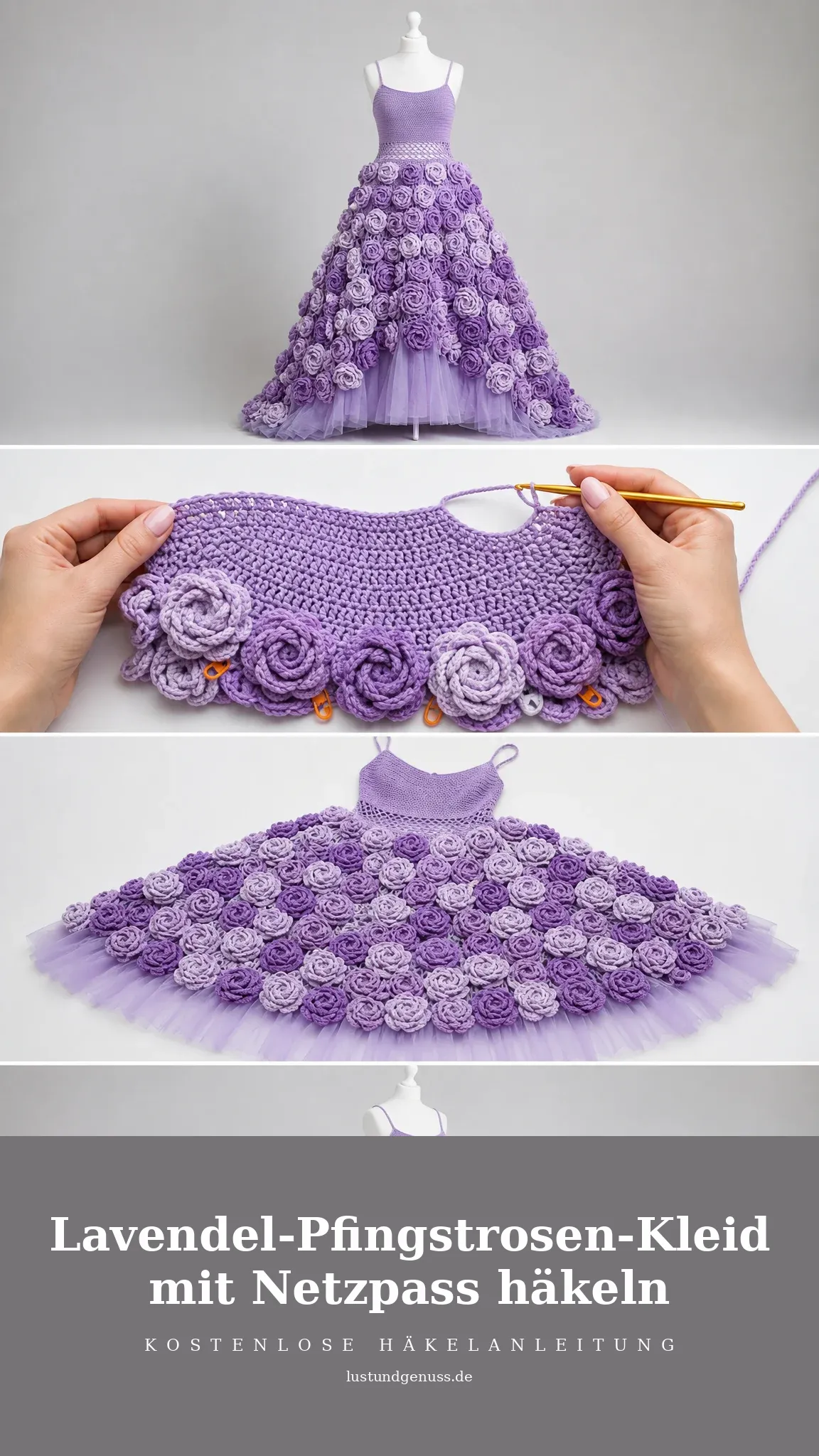 Lavendel-Pfingstrosen-Kleid mit Netzpass häkeln