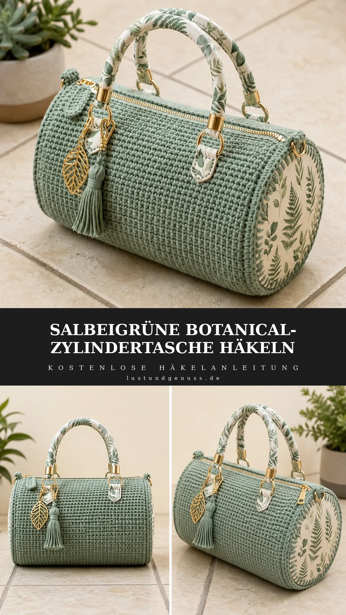 Salbeigrüne Botanical-Zylindertasche häkeln