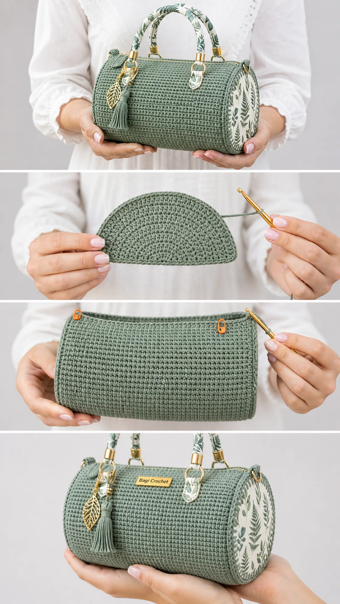 Salbeigrüne Botanical-Zylindertasche häkeln