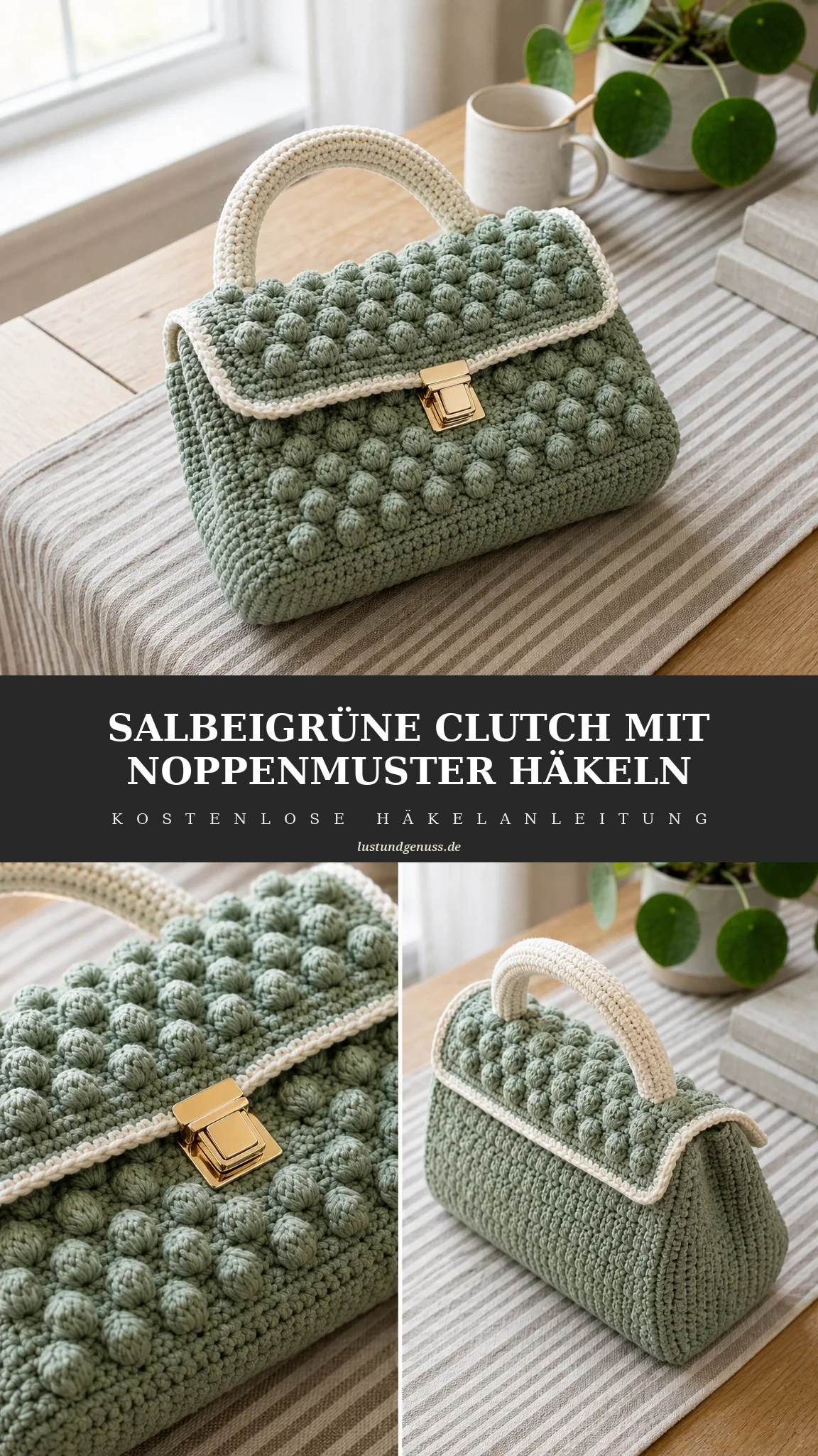 Salbeigrüne Clutch mit Noppenmuster häkeln
