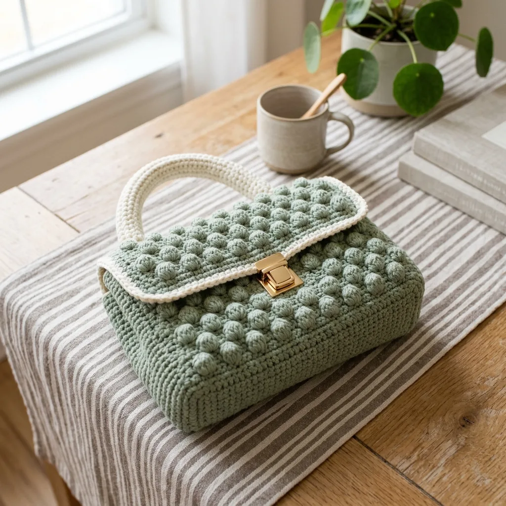 Salbeigrüne Clutch mit Noppenmuster häkeln