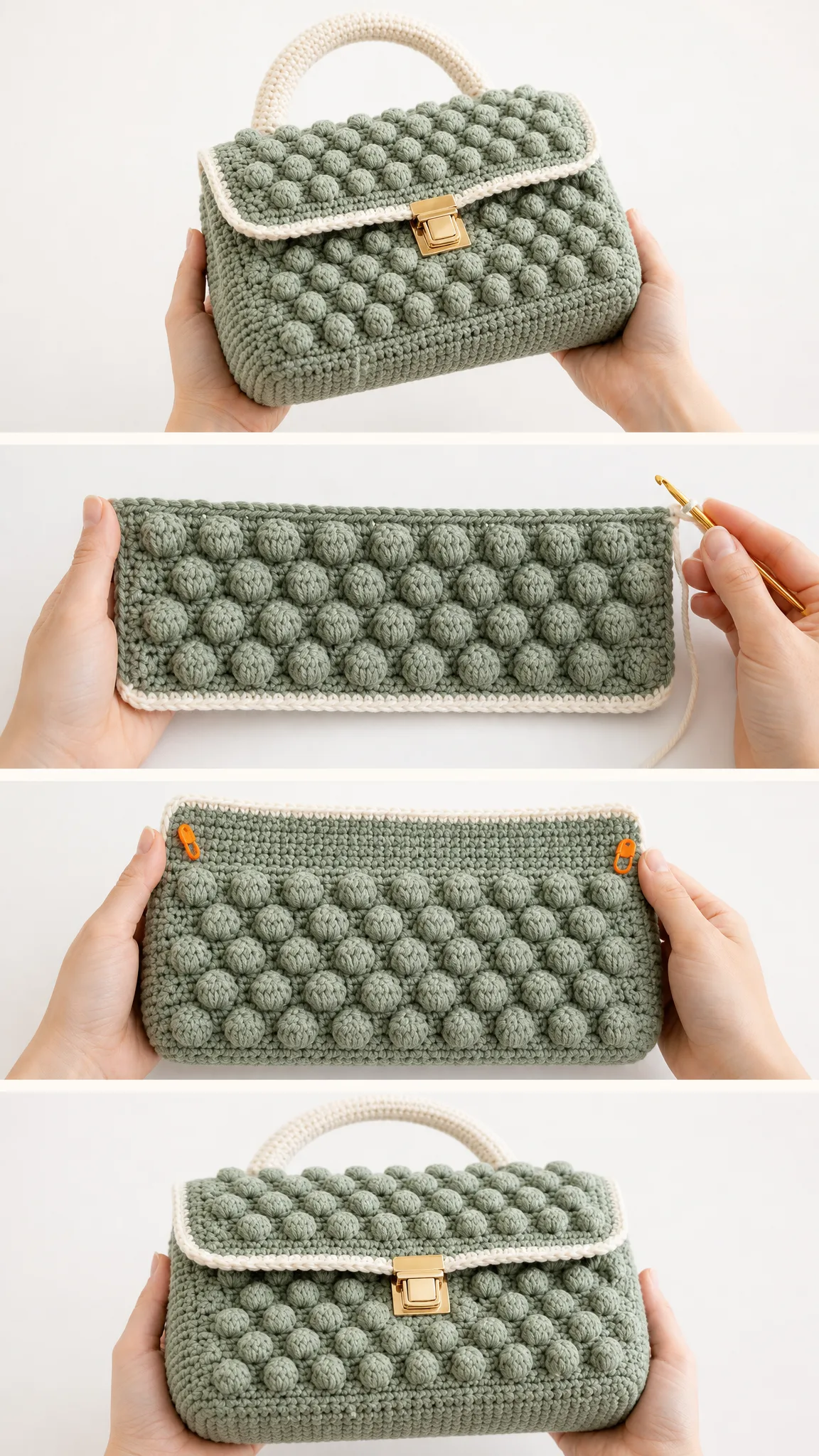 Salbeigrüne Clutch mit Noppenmuster häkeln