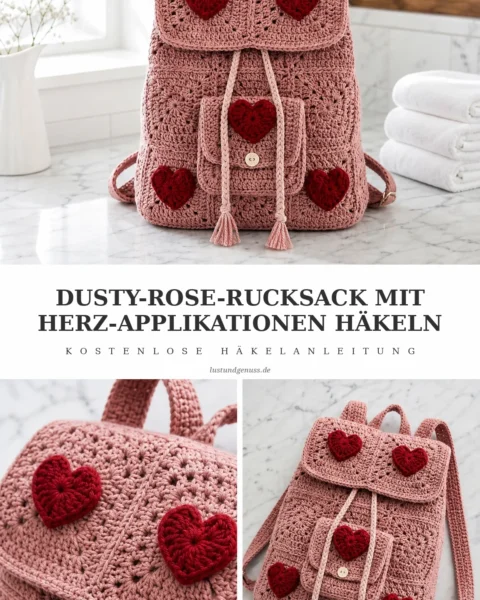 Dusty-Rose-Rucksack mit Herz-Applikationen häkeln