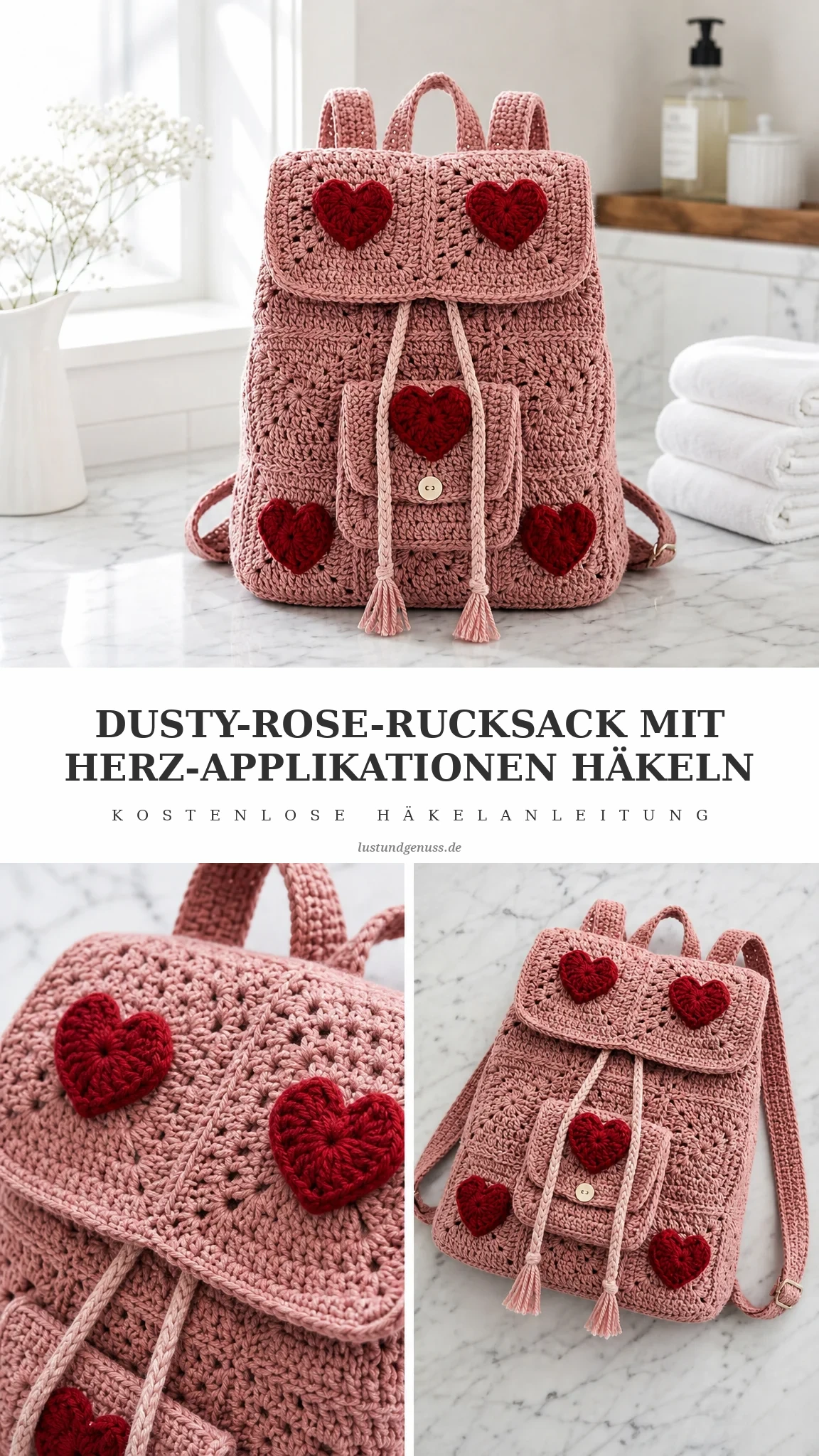Dusty-Rose-Rucksack mit Herz-Applikationen häkeln