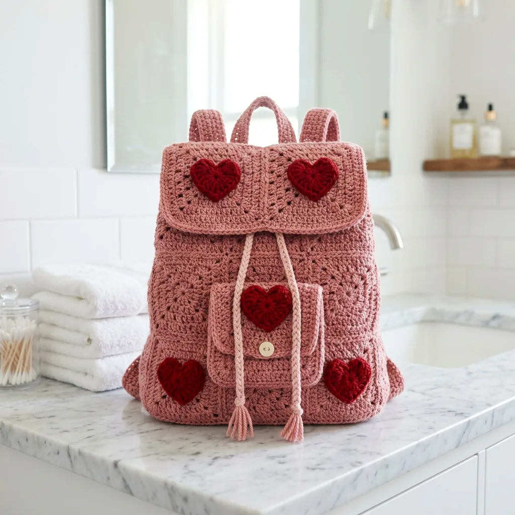 Dusty-Rose-Rucksack mit Herz-Applikationen häkeln