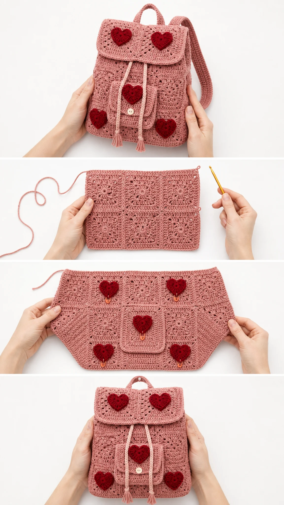 Dusty-Rose-Rucksack mit Herz-Applikationen häkeln
