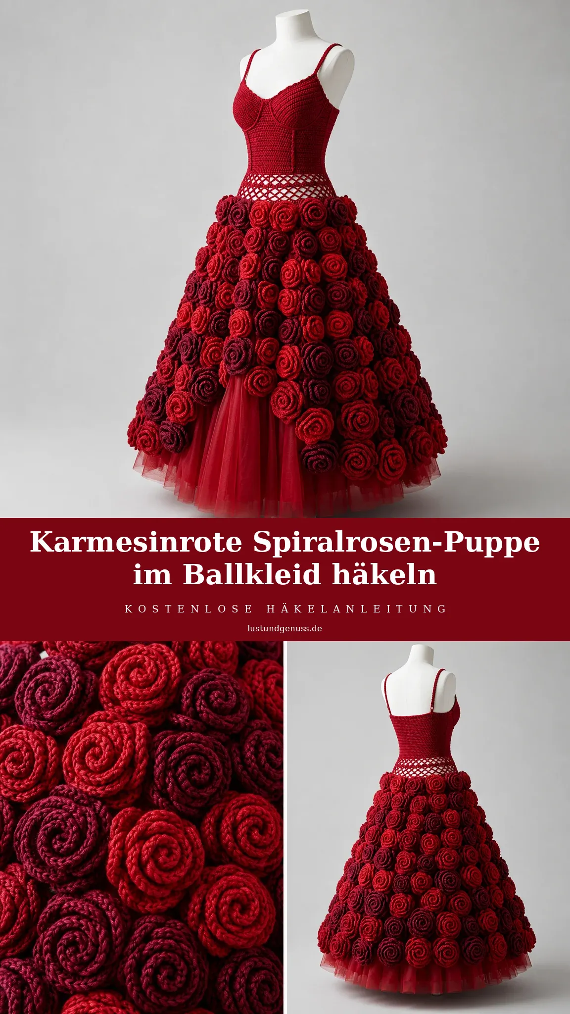 Karmesinrote Spiralrosen-Puppe im Ballkleid häkeln