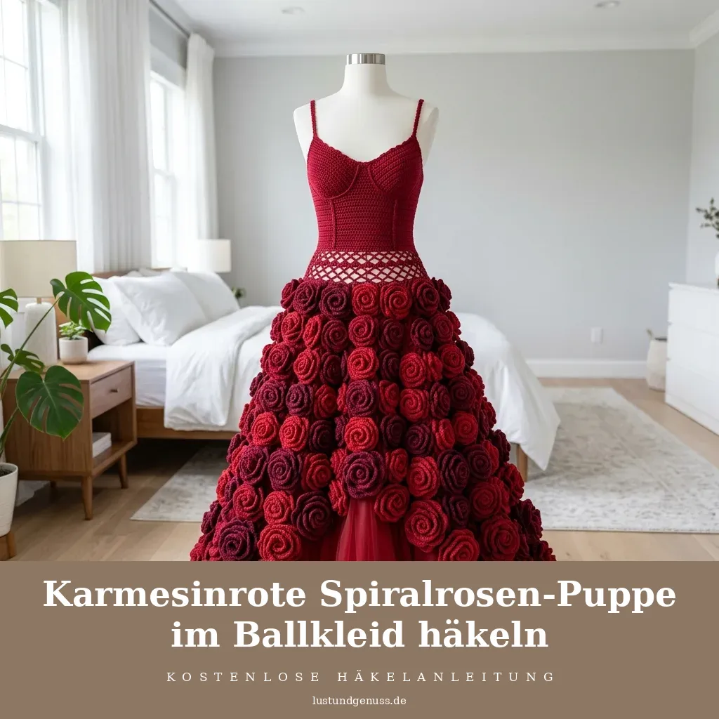 Karmesinrote Spiralrosen-Puppe im Ballkleid häkeln
