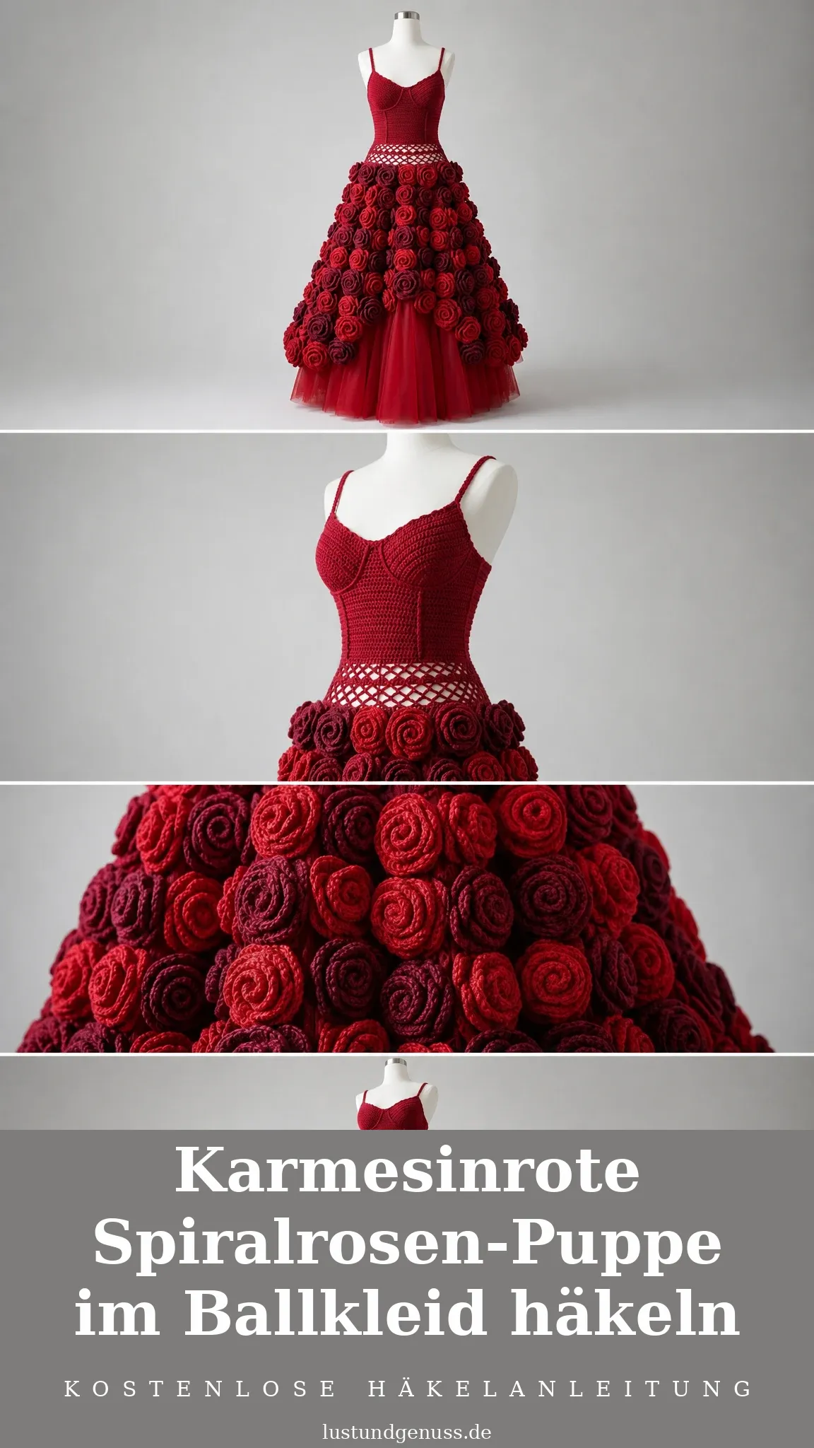 Karmesinrote Spiralrosen-Puppe im Ballkleid häkeln