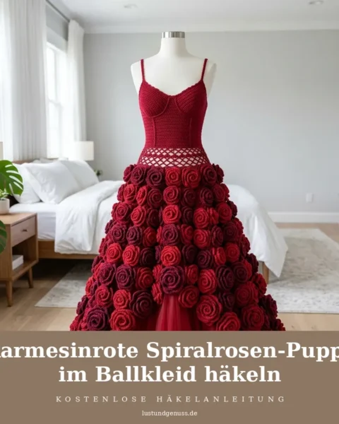 Karmesinrote Spiralrosen-Puppe im Ballkleid häkeln