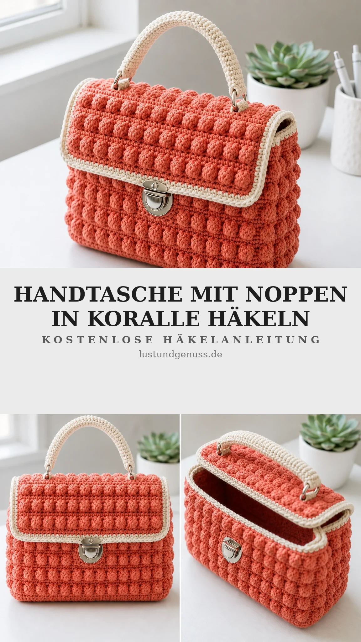 Handtasche mit Noppenmuster in Koralle häkeln