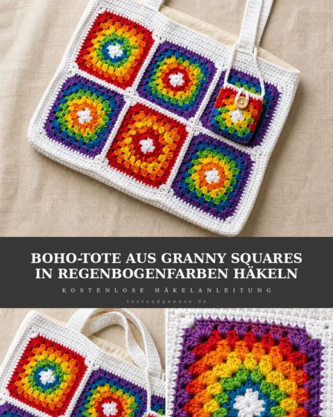 Boho-Tote aus Granny Squares in Regenbogenfarben häkeln