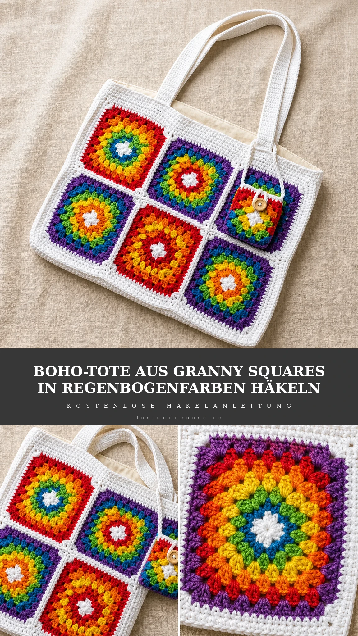 Boho-Tote aus Granny Squares in Regenbogenfarben häkeln