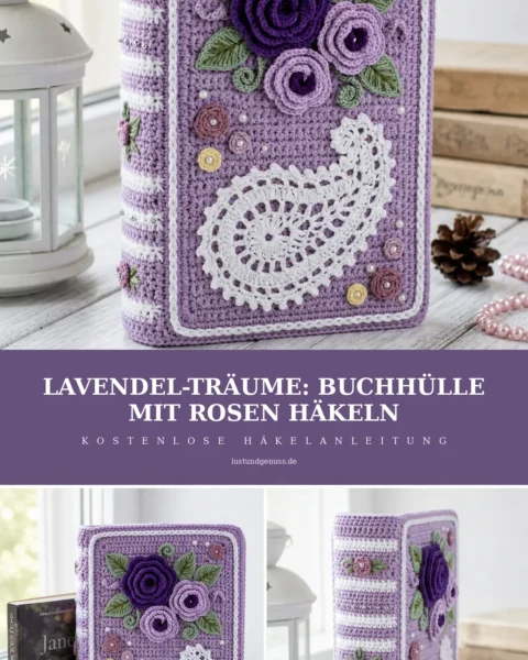 Lavendel-Träume: Buchhülle mit Rosen häkeln
