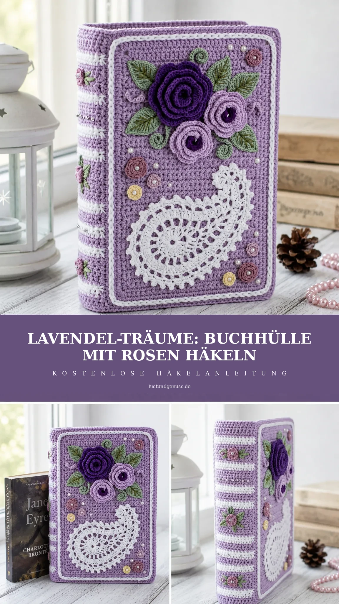 Lavendel-Träume: Buchhülle mit Rosen häkeln