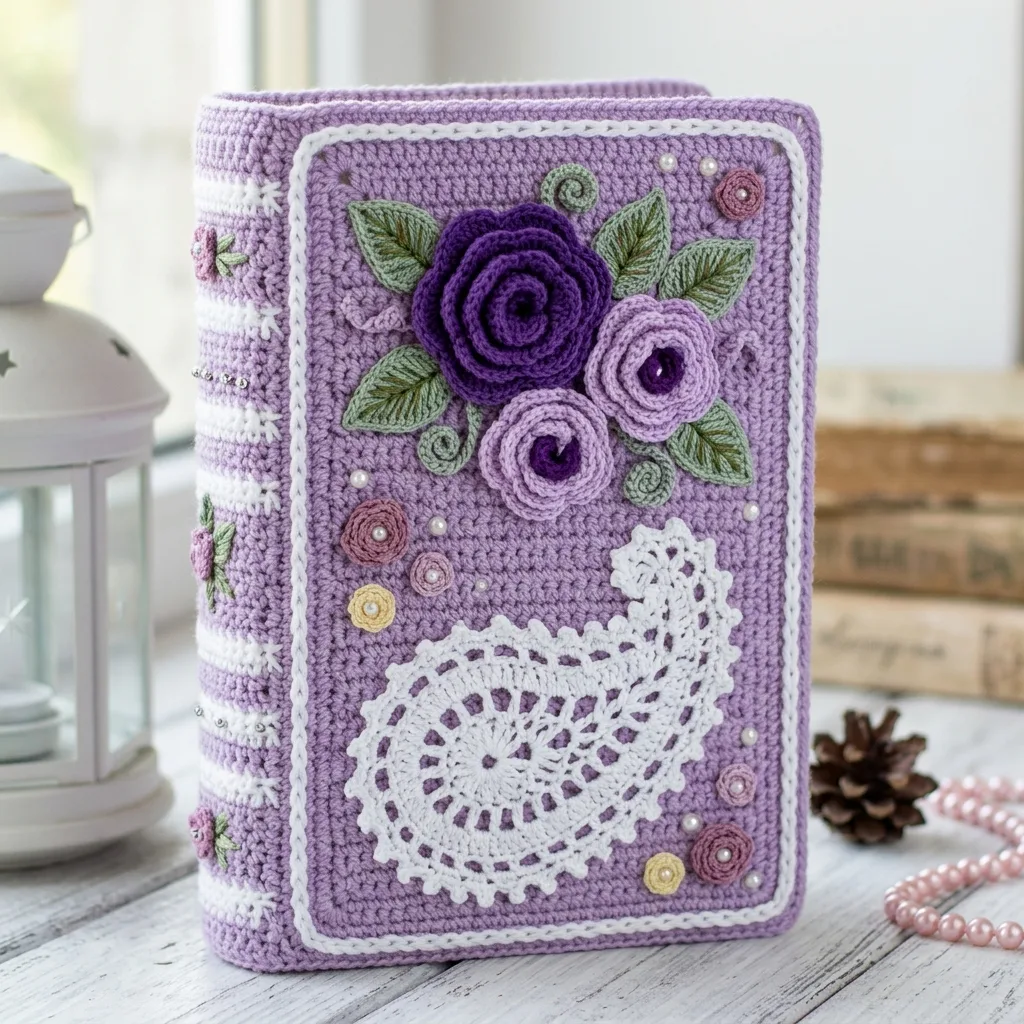 Lavendel-Träume: Buchhülle mit Rosen häkeln