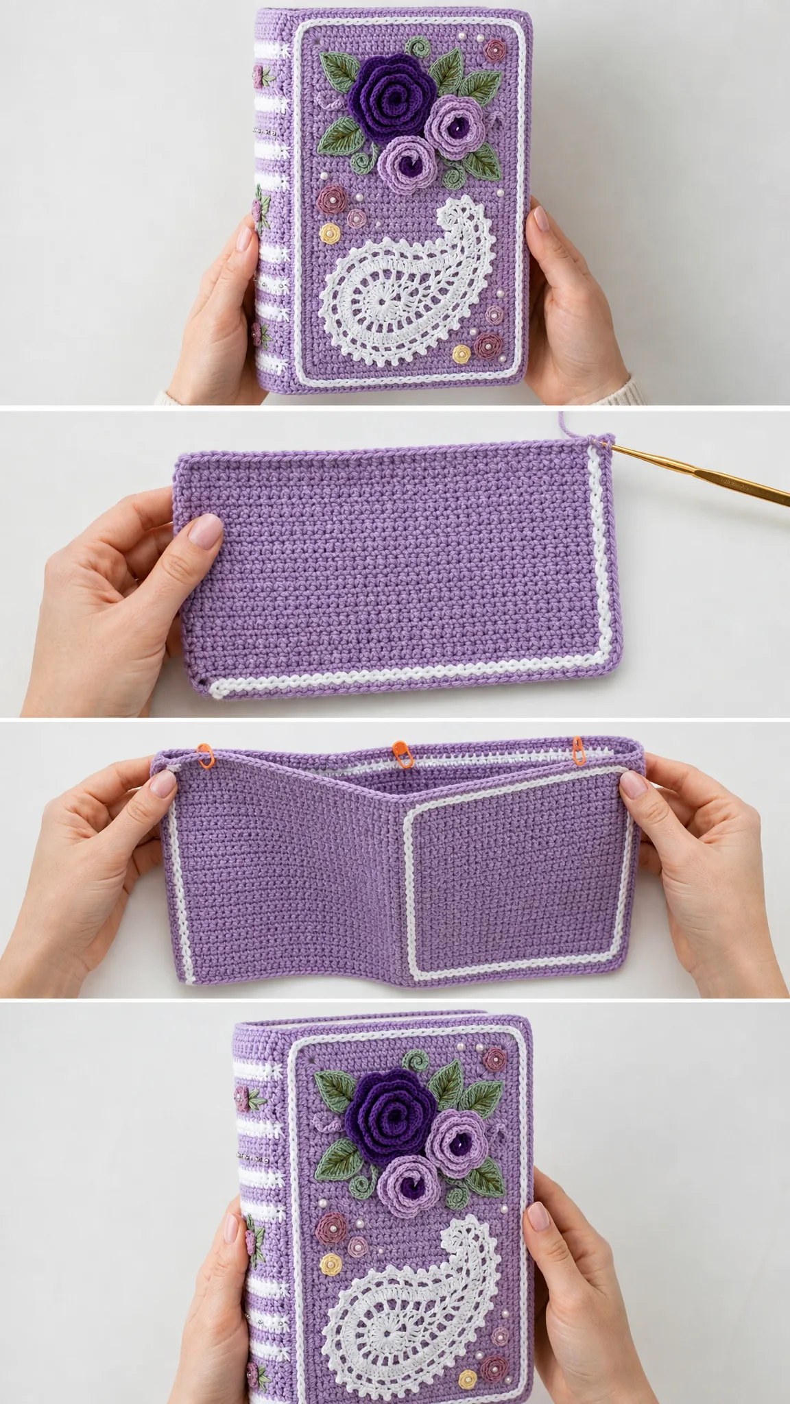Lavendel-Träume: Buchhülle mit Rosen häkeln