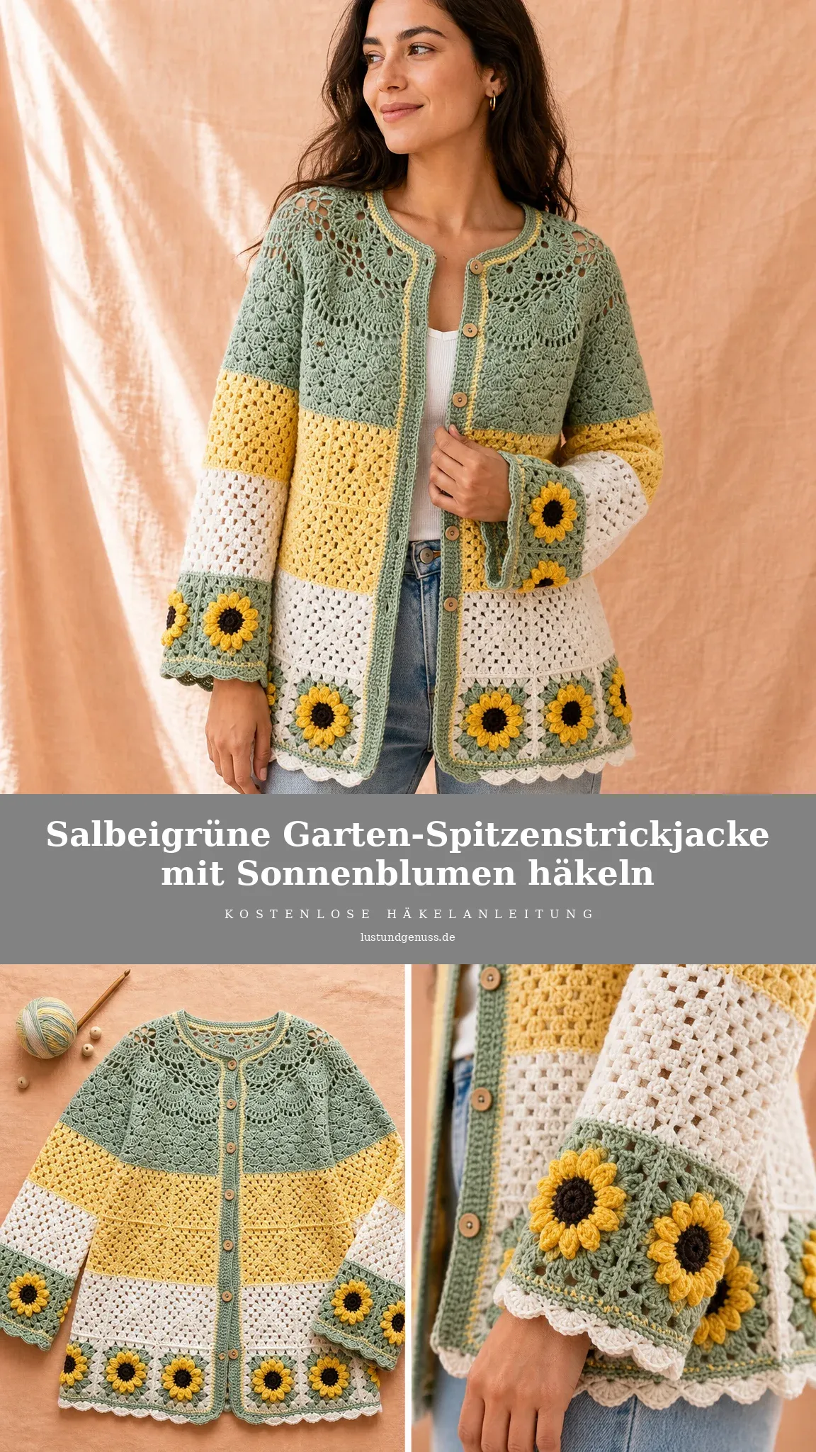 Salbeigrüne Garten-Spitzenstrickjacke mit Sonnenblumen häkeln