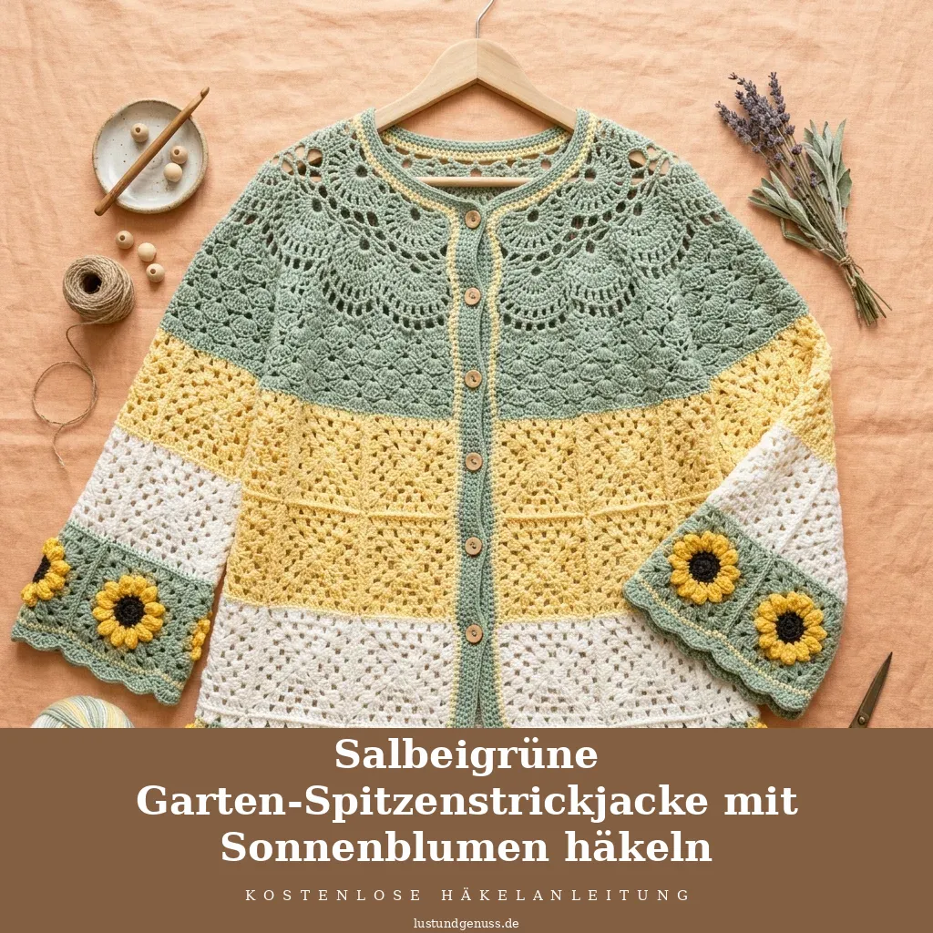 Salbeigrüne Garten-Spitzenstrickjacke mit Sonnenblumen häkeln