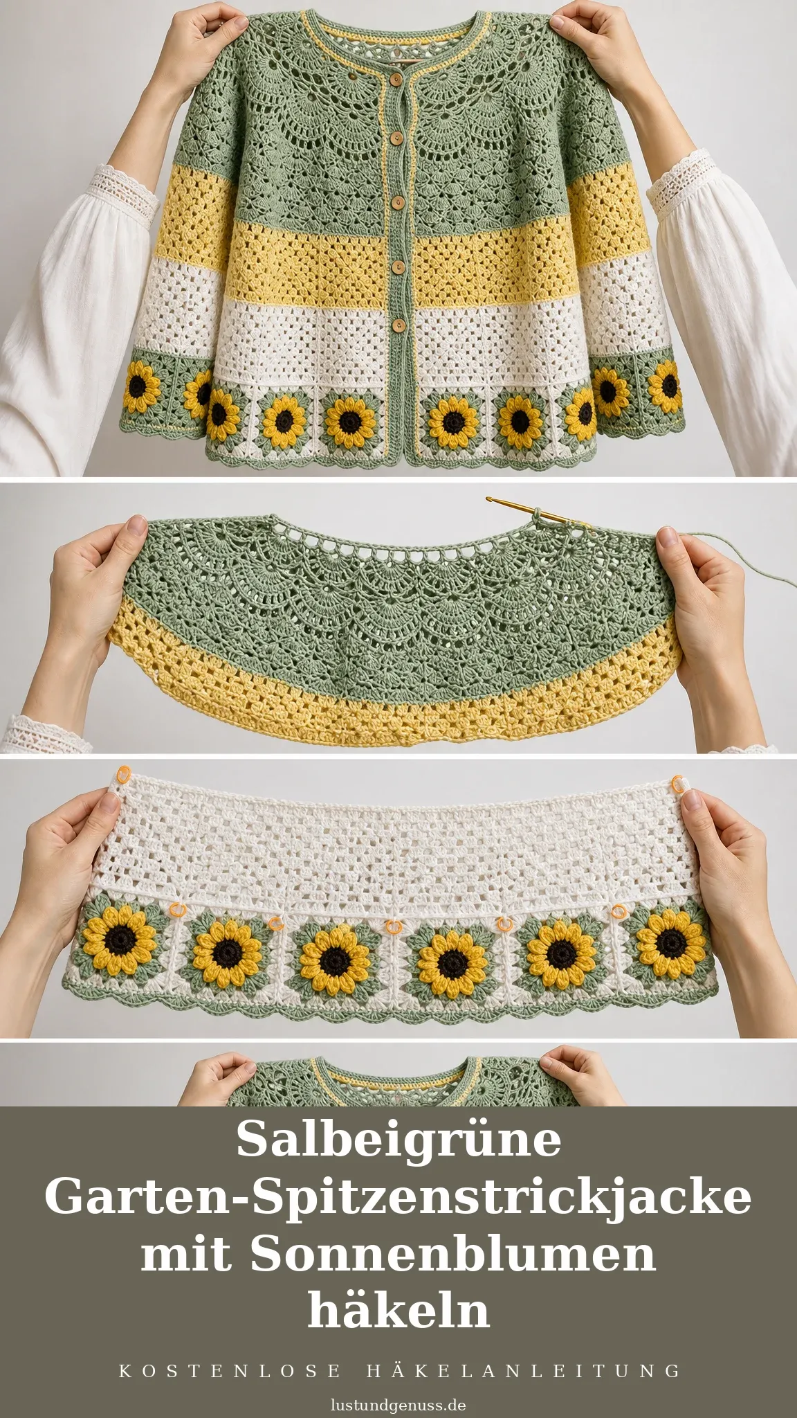 Salbeigrüne Garten-Spitzenstrickjacke mit Sonnenblumen häkeln