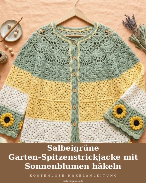 Salbeigrüne Garten-Spitzenstrickjacke mit Sonnenblumen häkeln