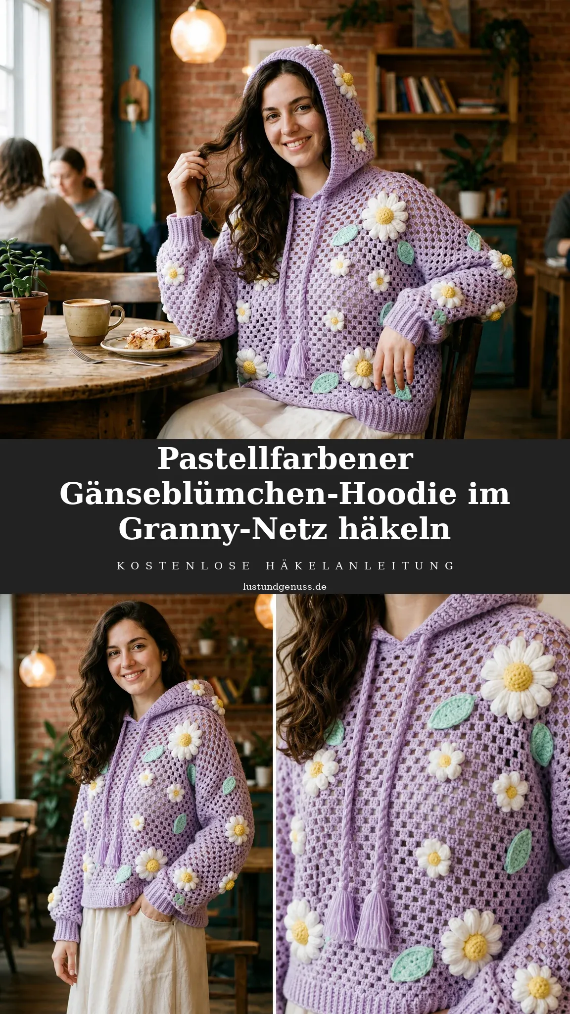 Pastellfarbener Gänseblümchen-Hoodie im Granny-Netz häkeln