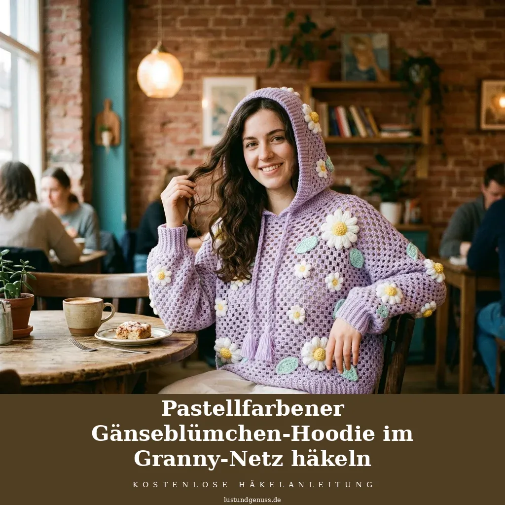 Pastellfarbener Gänseblümchen-Hoodie im Granny-Netz häkeln