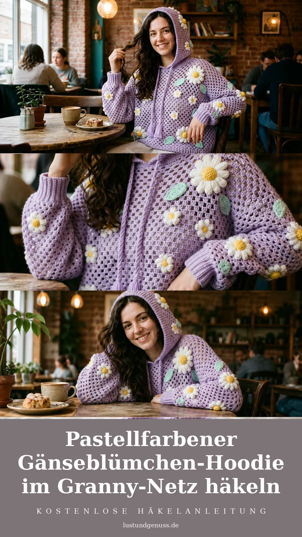 Pastellfarbener Gänseblümchen-Hoodie im Granny-Netz häkeln