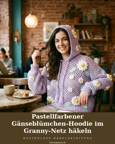 Pastellfarbener Gänseblümchen-Hoodie im Granny-Netz häkeln