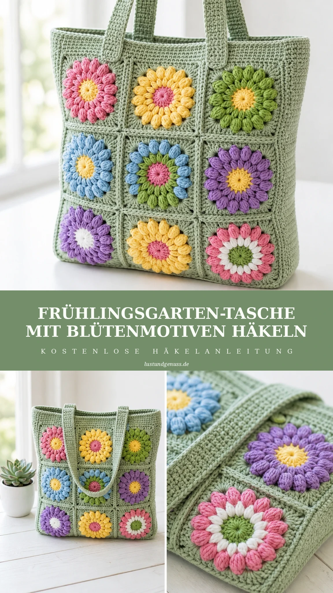 Frühlingsgarten-Tasche mit Blütenmotiven häkeln