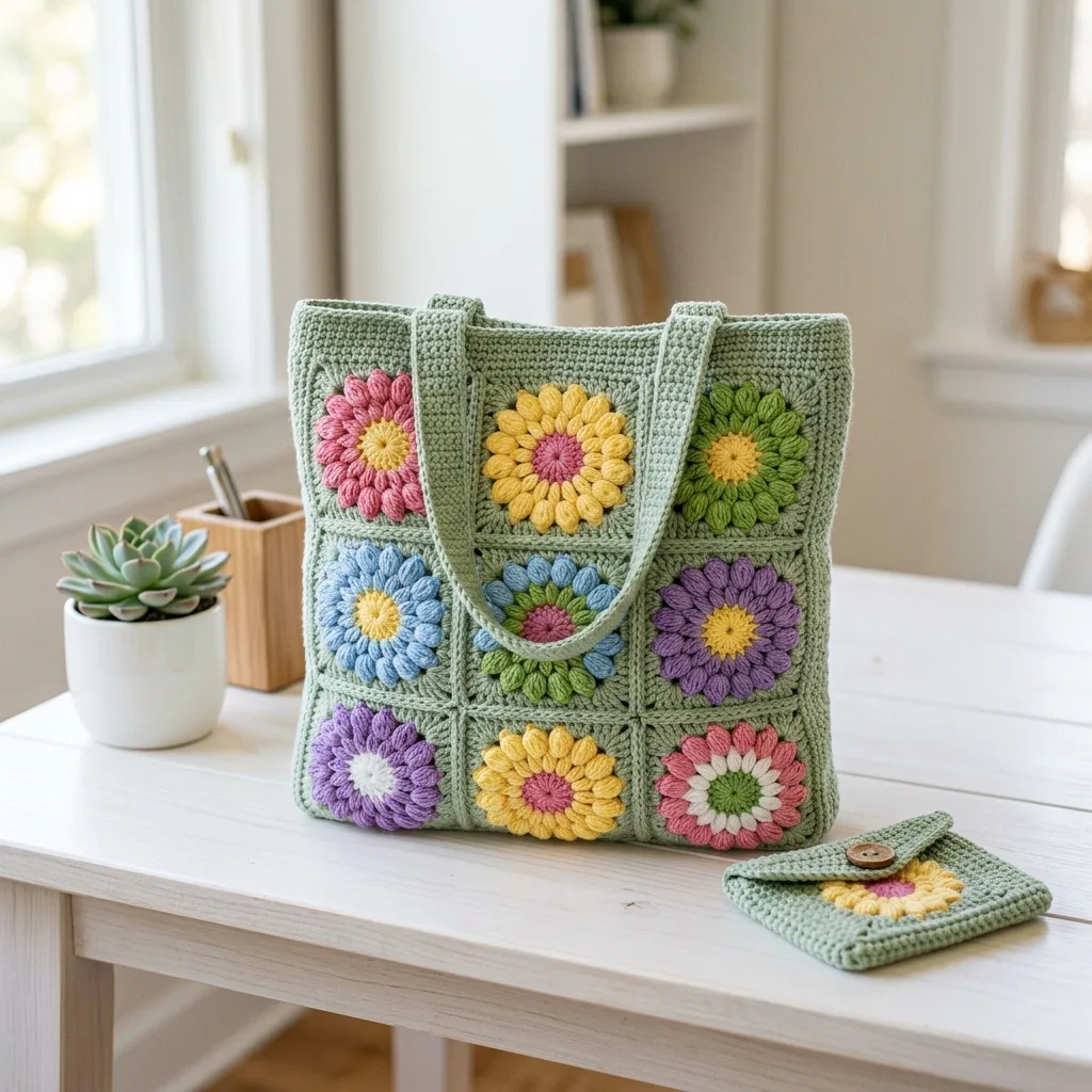 Frühlingsgarten-Tasche mit Blütenmotiven häkeln