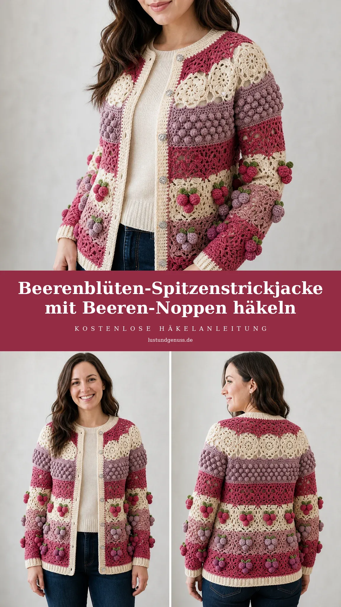 Beerenblüten-Spitzenstrickjacke mit Beeren-Noppen häkeln