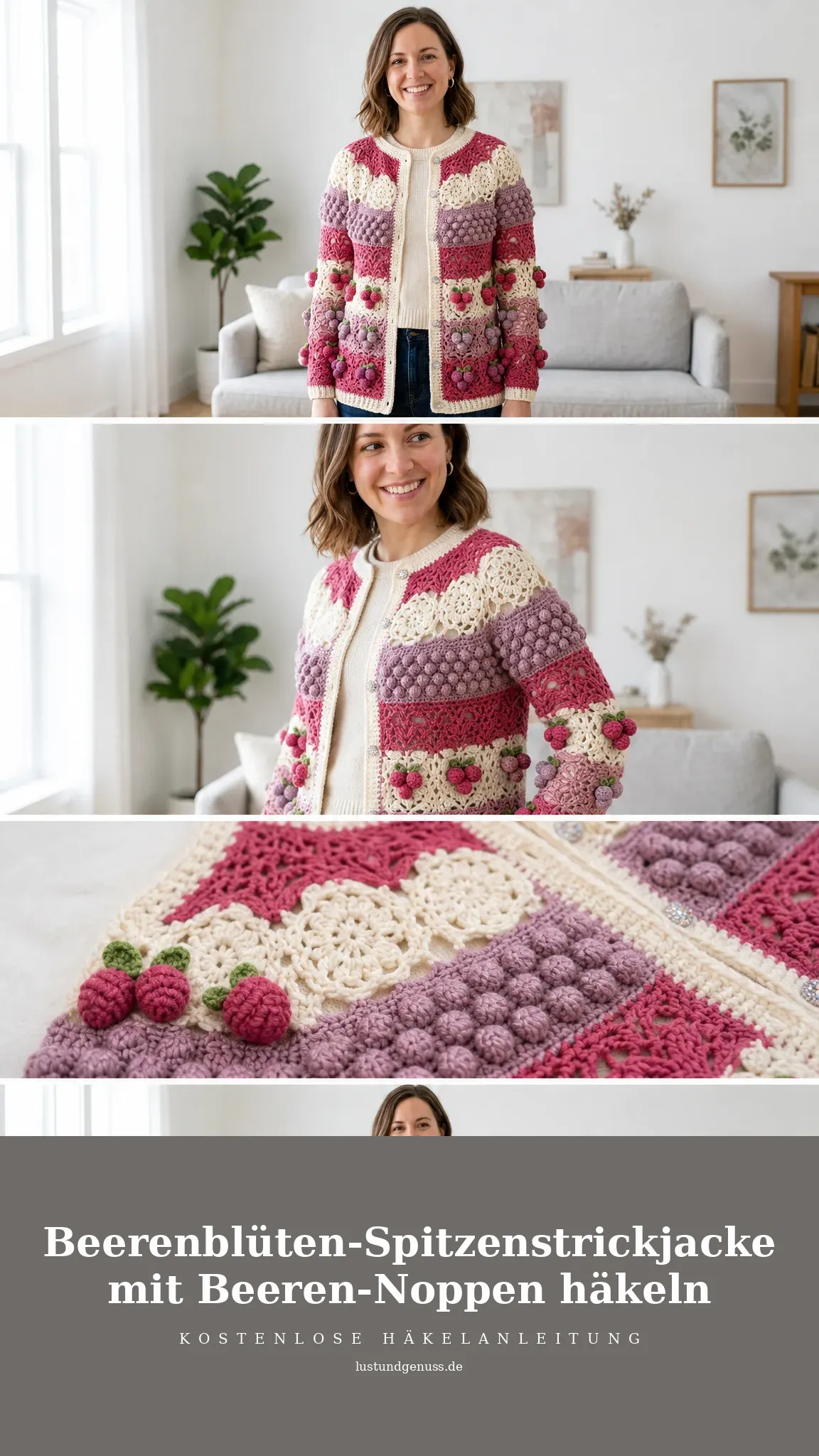 Beerenblüten-Spitzenstrickjacke mit Beeren-Noppen häkeln