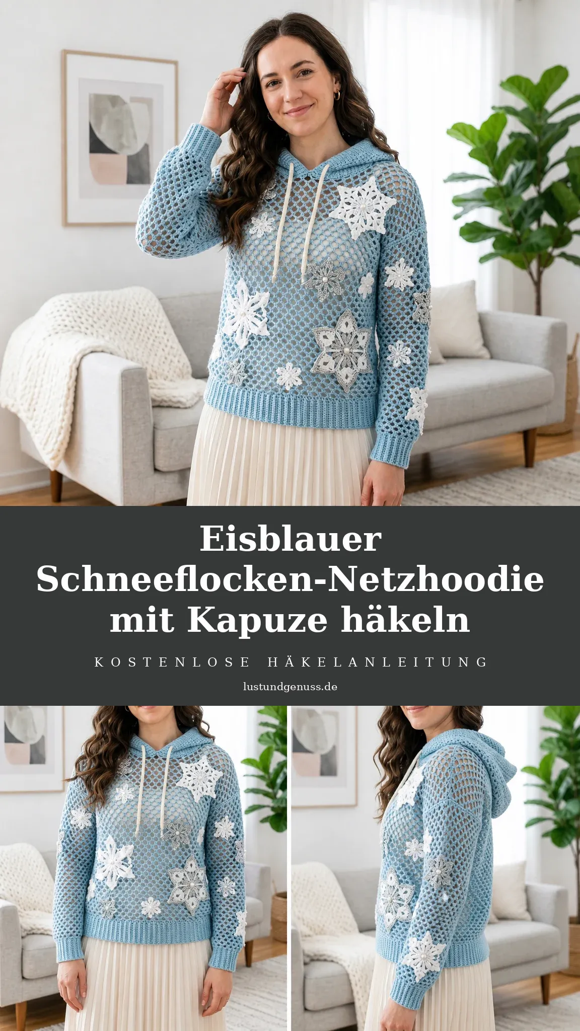 Eisblauer Schneeflocken-Netzhoodie mit Kapuze häkeln