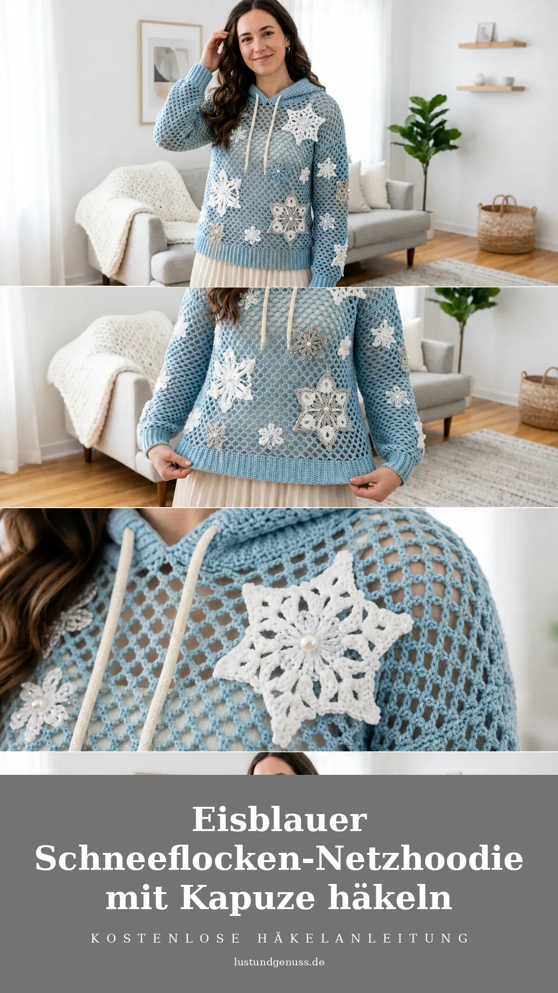 Eisblauer Schneeflocken-Netzhoodie mit Kapuze häkeln