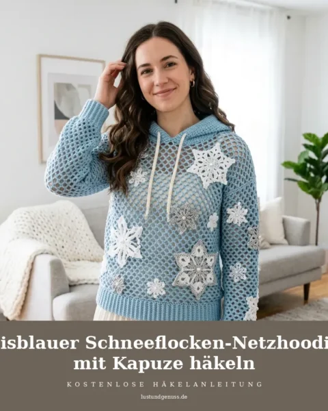 Eisblauer Schneeflocken-Netzhoodie mit Kapuze häkeln