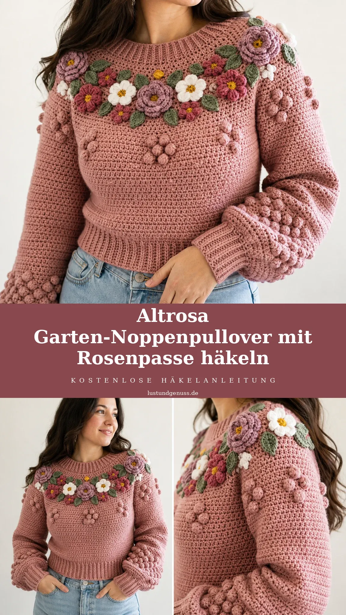 Altrosa Garten-Noppenpullover mit Rosenpasse häkeln