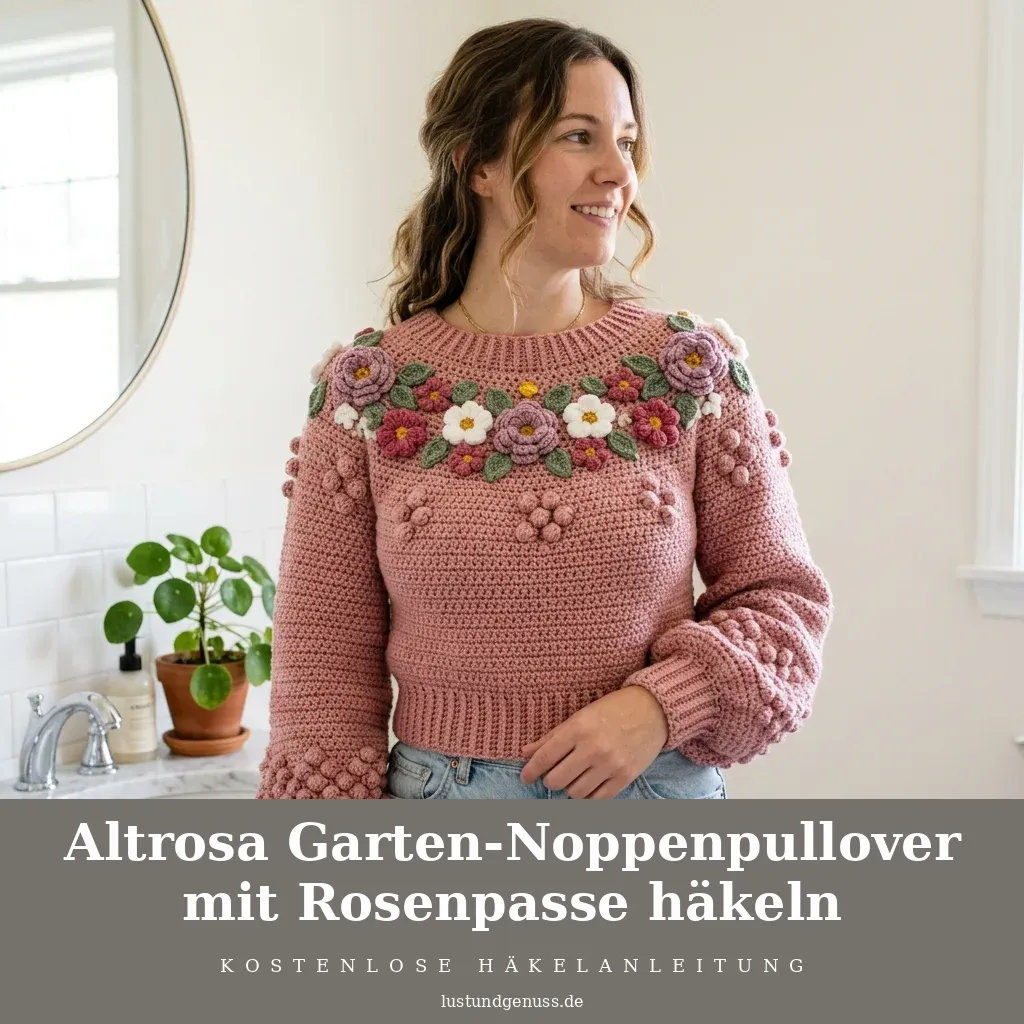 Altrosa Garten-Noppenpullover mit Rosenpasse häkeln