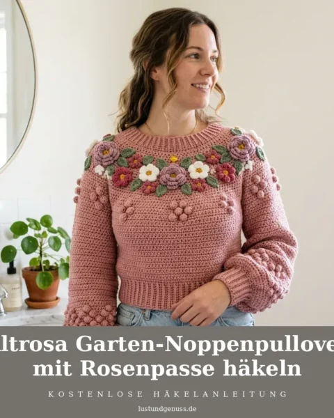 Altrosa Garten-Noppenpullover mit Rosenpasse häkeln