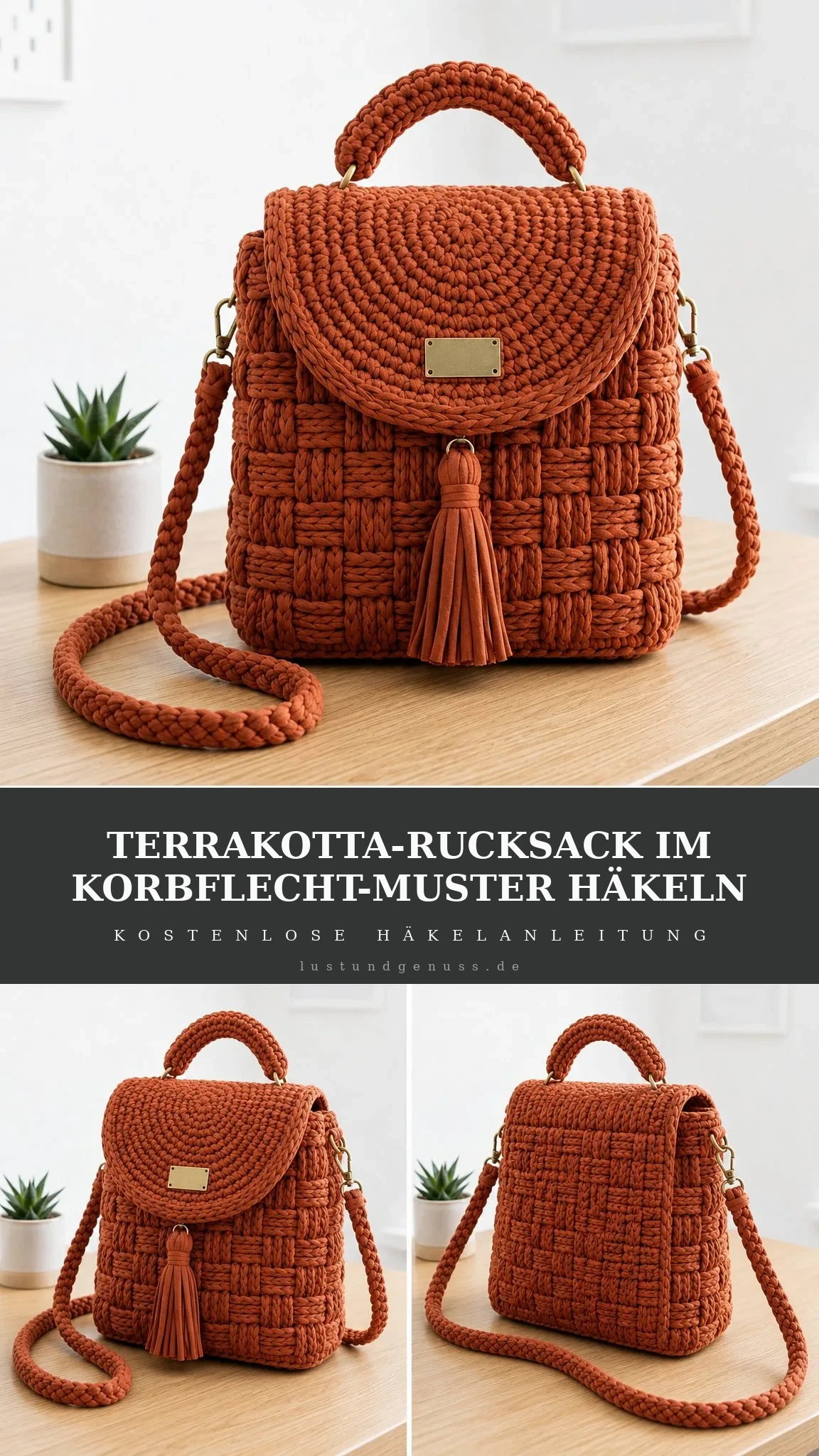 Rucksack im Korbgeflecht-Muster in Terrakotta häkeln
