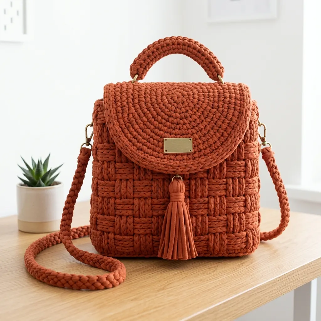 Rucksack im Korbgeflecht-Muster in Terrakotta häkeln